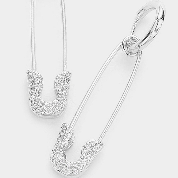 Silver Crystal Safety Pin Cubic Zirconia Dangle Earrings Statement Jewelry - Picture 2 of 2